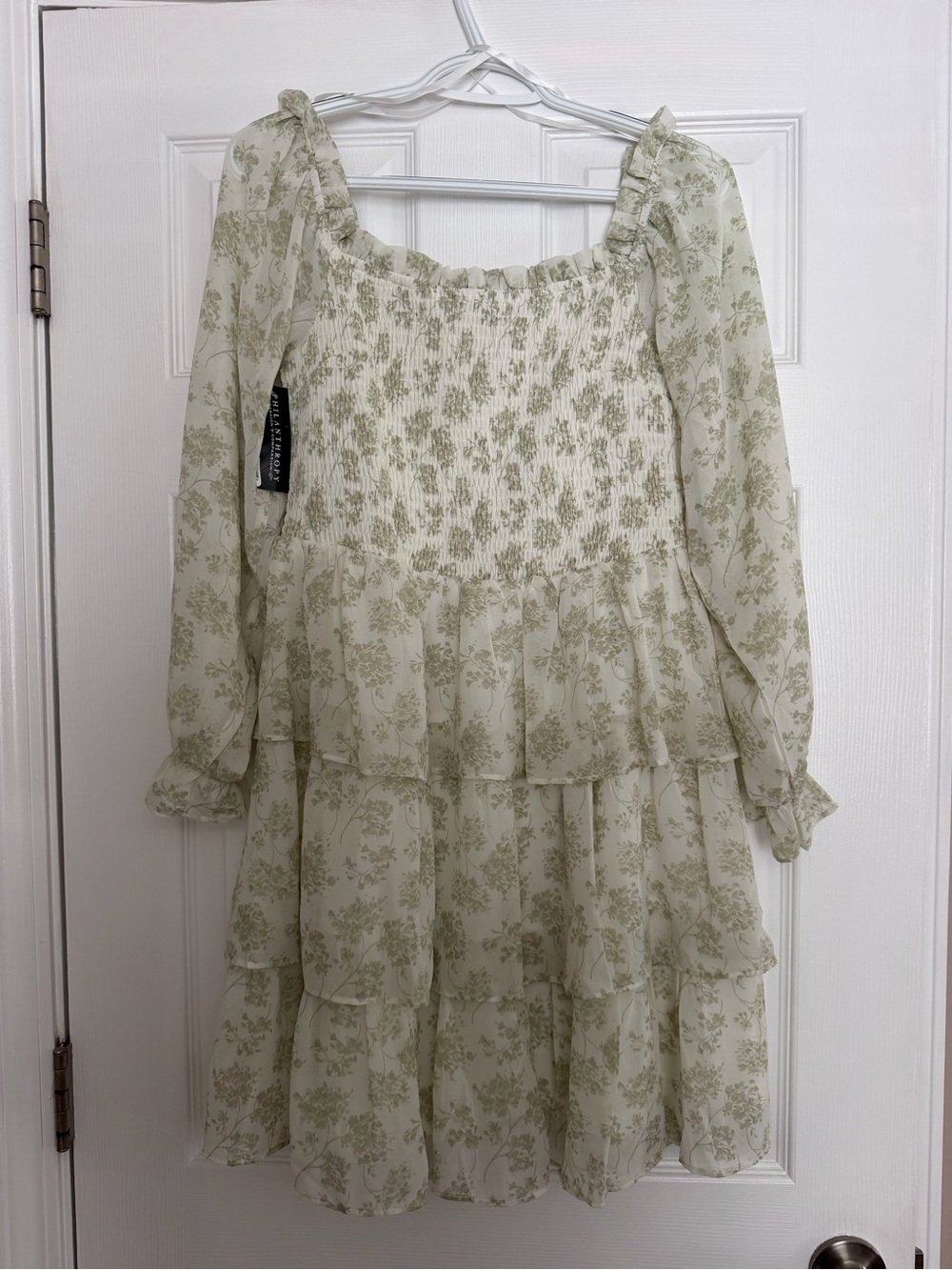 She + Sky Sage Green Floral Smocked Tiered Mini Dress